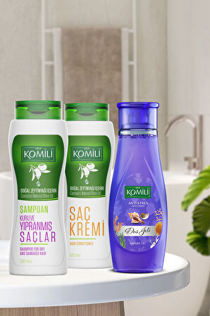 Kuru Ve Yıpranmış Saçlara Özel Zeytinyağlı Şampuan & Saç Kremi Duş Jeli Set - 3 X 500 ml