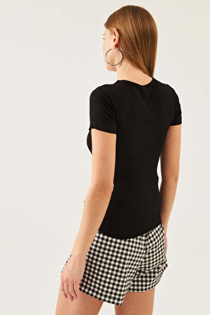 Kadın Siyah Kare Yaka Kısa Kol Viskon Bluz