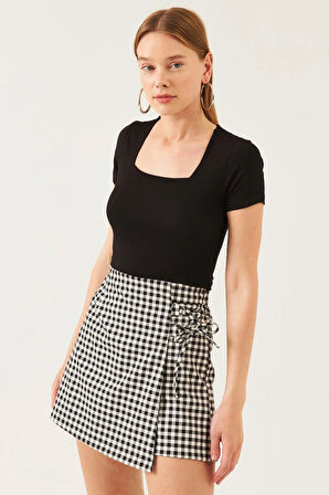 Kadın Siyah Kare Yaka Kısa Kol Viskon Bluz