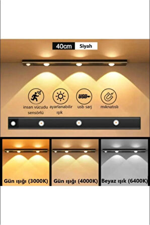Hareket Sensörlü - Dekoratif Gece Lambası - Usb Şarjlı Led Aydınlatma Siyah Kasa 40cm Şarjlı Dolap L