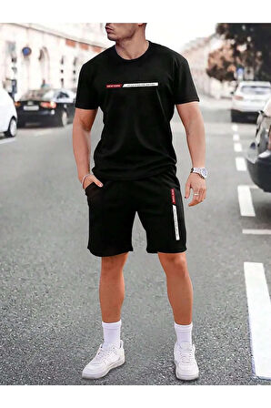 Unisex Siyah Newyork Özel Baskılı Oversize T-Shirt Şort Büyük Beden Penye Takım