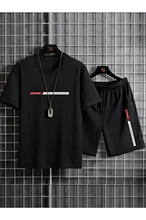 Unisex Siyah Newyork Özel Baskılı Oversize T-Shirt Şort Büyük Beden Penye Takım