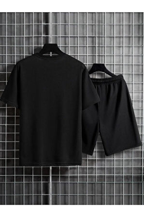 Unisex Siyah Newyork Özel Baskılı Oversize T-Shirt Şort Büyük Beden Penye Takım