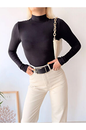 Kadın Siyah Dik Yaka Uzun Kol Viskon Bluz