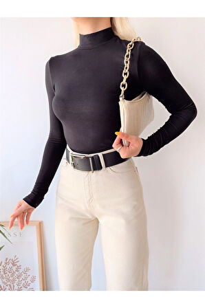 Kadın Siyah Dik Yaka Uzun Kol Viskon Bluz