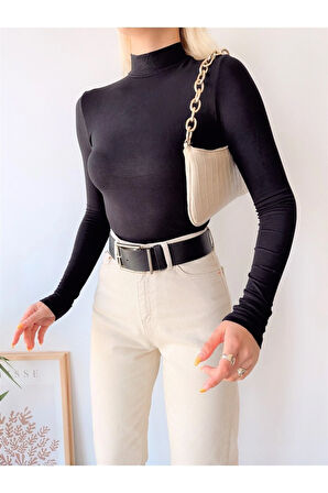 Kadın Siyah Dik Yaka Uzun Kol Viskon Bluz