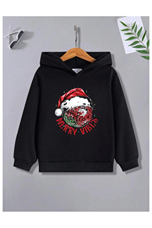 Çocuk Tasarım Vıbes Dısko Topu Baskılı Kapüşonlu Sweatshirt Pamuklu