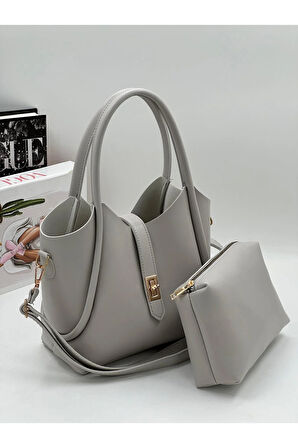 Demir Toka Kemerli Çift Askılı Makyaj Çantalı Zarif Suni Deri Kadın El ve Omuz Çantası