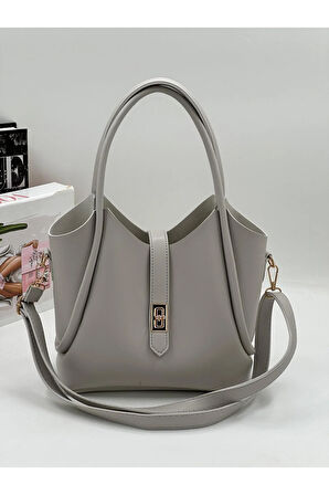 Demir Toka Kemerli Çift Askılı Makyaj Çantalı Zarif Suni Deri Kadın El ve Omuz Çantası