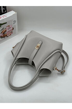 Demir Toka Kemerli Çift Askılı Makyaj Çantalı Zarif Suni Deri Kadın El ve Omuz Çantası