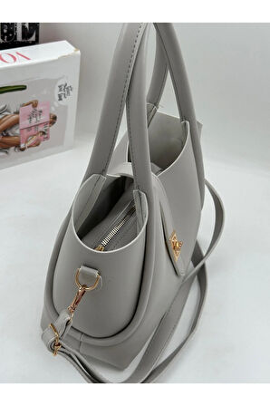 Demir Toka Kemerli Çift Askılı Makyaj Çantalı Zarif Suni Deri Kadın El ve Omuz Çantası