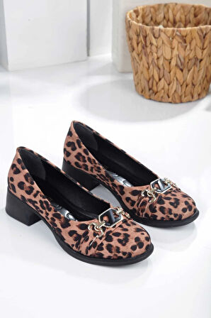 Leopar Desenlı Taş Detaylı Toka Kadın Topuklu Babet