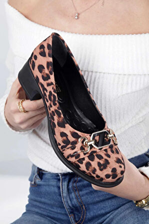 Leopar Desenlı Taş Detaylı Toka Kadın Topuklu Babet