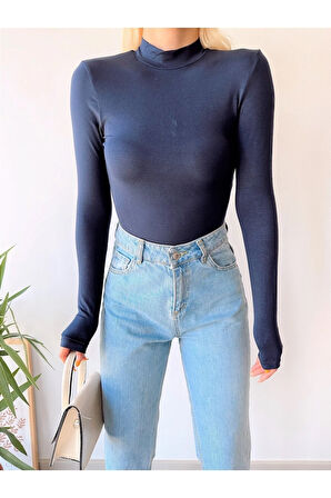 Kadın Lacivert Dik Yaka Uzun Kol Viskon Bluz