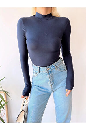 Kadın Lacivert Dik Yaka Uzun Kol Viskon Bluz