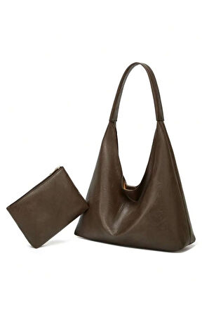 Kadın Omuz Çantası Büyük Kapasiteli Çok Yönlü yumuşak deri yavrulu cüzdanlı salaş çanta