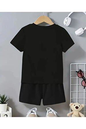 Kız\Erkek Çocuk Beyaz-Siyah İtalia Baskılı Şort-Tshirt Takım