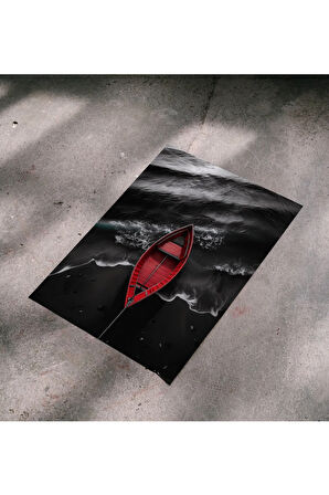 Çerçevesiz Poster, Dijital Baskı, Denizde Kırmızı Kayık , Ofis Salon Dekorasyon , Poster