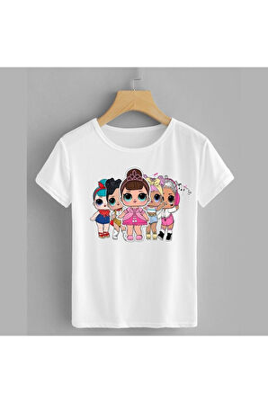 Kısa Kollu Bisiklet Yaka Kız Çocuk Beyaz Tshirt Lol Bebek Baskılı Pamuklu