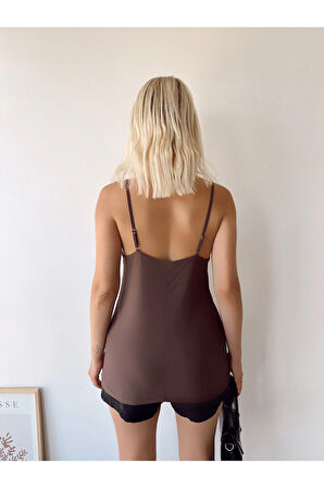 Kadın Koyu Kahverengi İp Askılı Dantelli Bluz