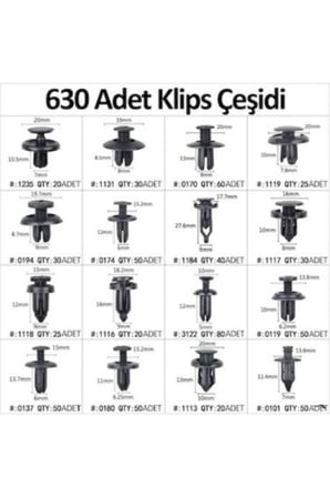 630 Adet Trim Klips Seti – Oto Panel, Kapı Döşeme, Tampon ve Pervaz İçin Evrensel Raptiye Bağlantı Elemanları