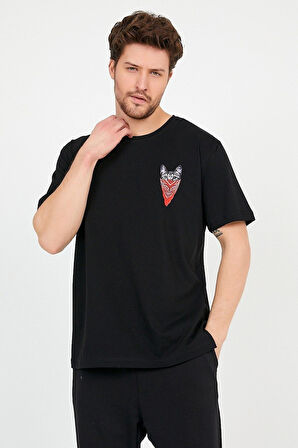 Siyah Ön Baskılı Pamuklu T-shirt