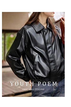 Yeni Sezon Kadın Baharlık Bomber Balon Kol Oversize Deri Ceket