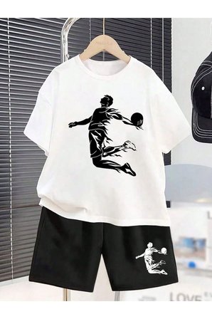 Yazlık Smaç Atan Basketçi Baskılı Erkek Çocuk Siyah Şort, Beyaz T-Shirt Takım