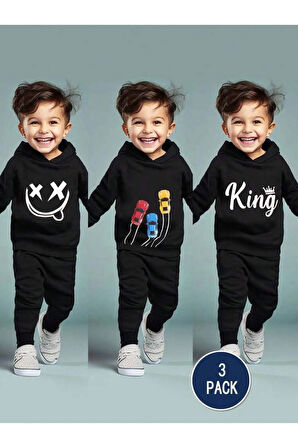 Erkek Çocuk 6`lı Paket King Arabalar Gülen Yüz Baskılı Kapşonlu Sweatshirt-Eşofman Takımı