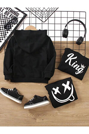 Erkek Çocuk 6`lı Paket King Arabalar Gülen Yüz Baskılı Kapşonlu Sweatshirt-Eşofman Takımı