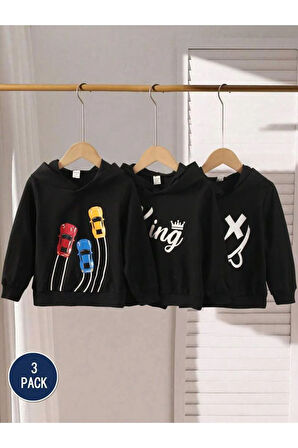Erkek Çocuk 6`lı Paket King Arabalar Gülen Yüz Baskılı Kapşonlu Sweatshirt-Eşofman Takımı