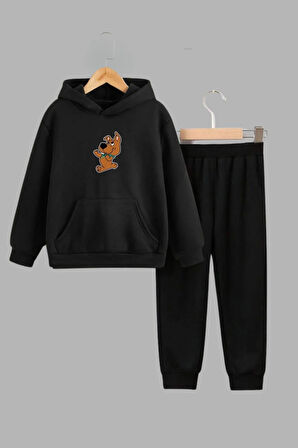 Unisex Çocuk Siyah Kapüşonlu Sweatshirt ve Eşofman Altı Takımı Pembe Kız Baskılı