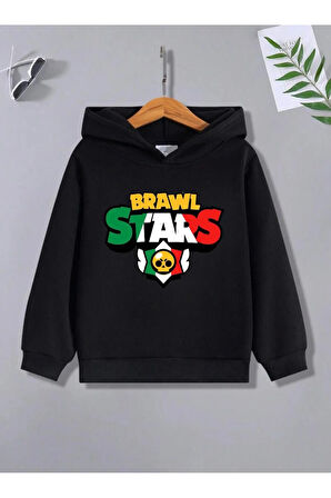 Çocuk Tasarım Brawl Stars Renkli Baskılı Kapüşonlu Sweatshirt Pamuklu