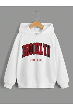 Kız\Erkek Çocuk Beyaz Kırmızı Brooklyn Baskılı Kapşonlu Sweatshirt