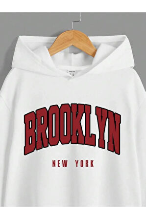 Kız\Erkek Çocuk Beyaz Kırmızı Brooklyn Baskılı Kapşonlu Sweatshirt