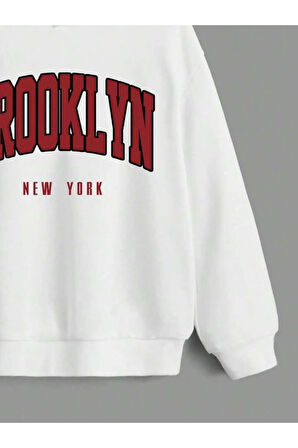 Kız\Erkek Çocuk Beyaz Kırmızı Brooklyn Baskılı Kapşonlu Sweatshirt