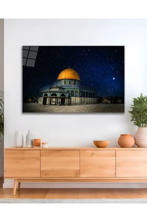 Kudüs Mescidi Aksa Kübbetüs Sahra Dini, İslami Cam Tablo, Yatay Hediyelik Duvar Dekoru