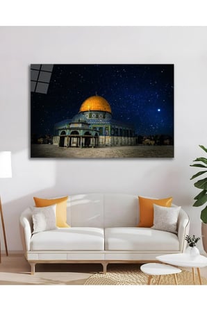 Kudüs Mescidi Aksa Kübbetüs Sahra Dini, İslami Cam Tablo, Yatay Hediyelik Duvar Dekoru