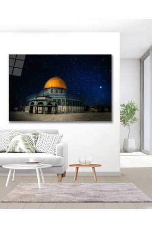 Kudüs Mescidi Aksa Kübbetüs Sahra Dini, İslami Cam Tablo, Yatay Hediyelik Duvar Dekoru