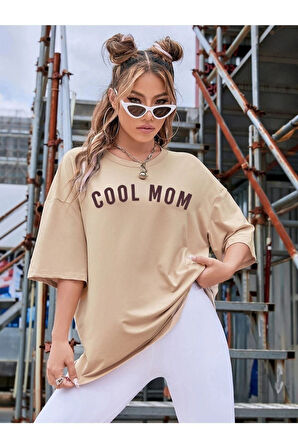 Kadın Bej Cool Mom Baskılı Hamile Tişört