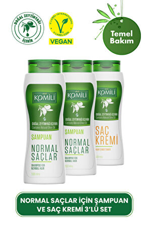 Normal Saçlar Için Zeytinyağlı Temel Bakım Şampuanı 2li Set Saç Kremi - 3 X 500 ml