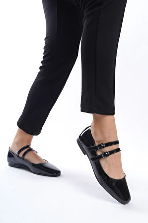 Siyah Çift Bantlı Kare Burun Günlük Babet