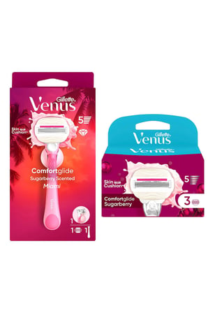 Gilette Venüs Comforglide Sugarberry Miami Kadın 5Bıçaklı Traş Makinesi + 3 Yedek Başlık