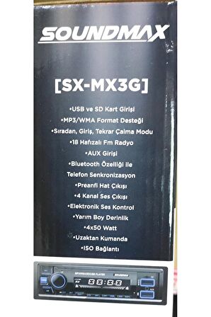 Soundmax SX-MX3G Oto Teyp USB/Bluetooth/SD/AUX/Kumanda 2 Amfi Çıkışlı