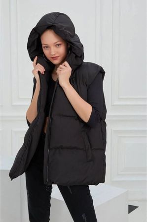 Kadın Siyah Kapüşonlu Oversize Boyfriend Şişme Yelek
