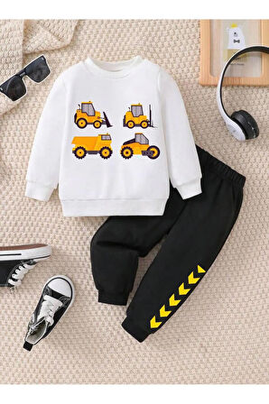 Çocuk Tasarım Kamyon Kepçe Makine Baskılı Kapüşonlu Sweatshirt Pamuklu