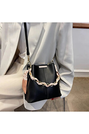 Fularlı 3 Gözlü Siyah Çapraz Ve Omuz Çantası