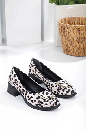 Kadın Topuklu Leopar Desenli Kare Tokalı Babet