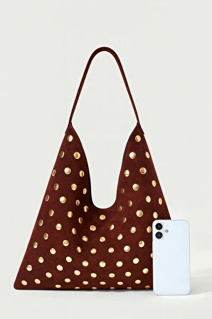 Lüks Suet Deri Gold Taşlı İkonik Üçgen Omuz Çantası