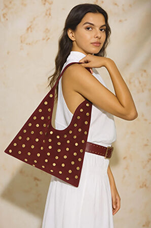 Lüks Suet Deri Gold Taşlı İkonik Üçgen Omuz Çantası